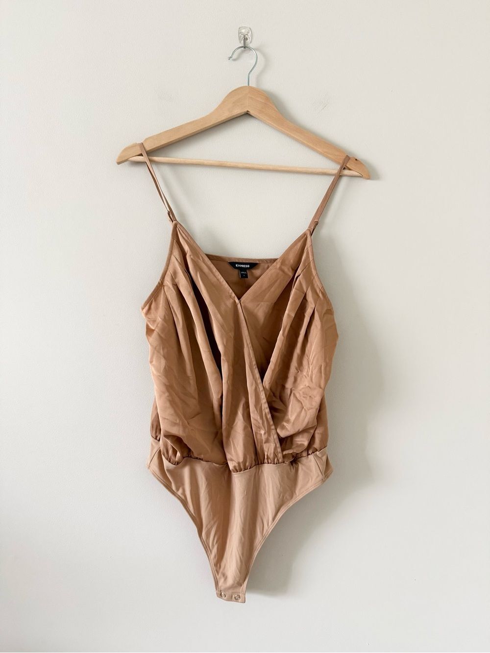 NWT Express Beige Satin Surplice Cami Strap Snap Gusset Bodysuit Size L